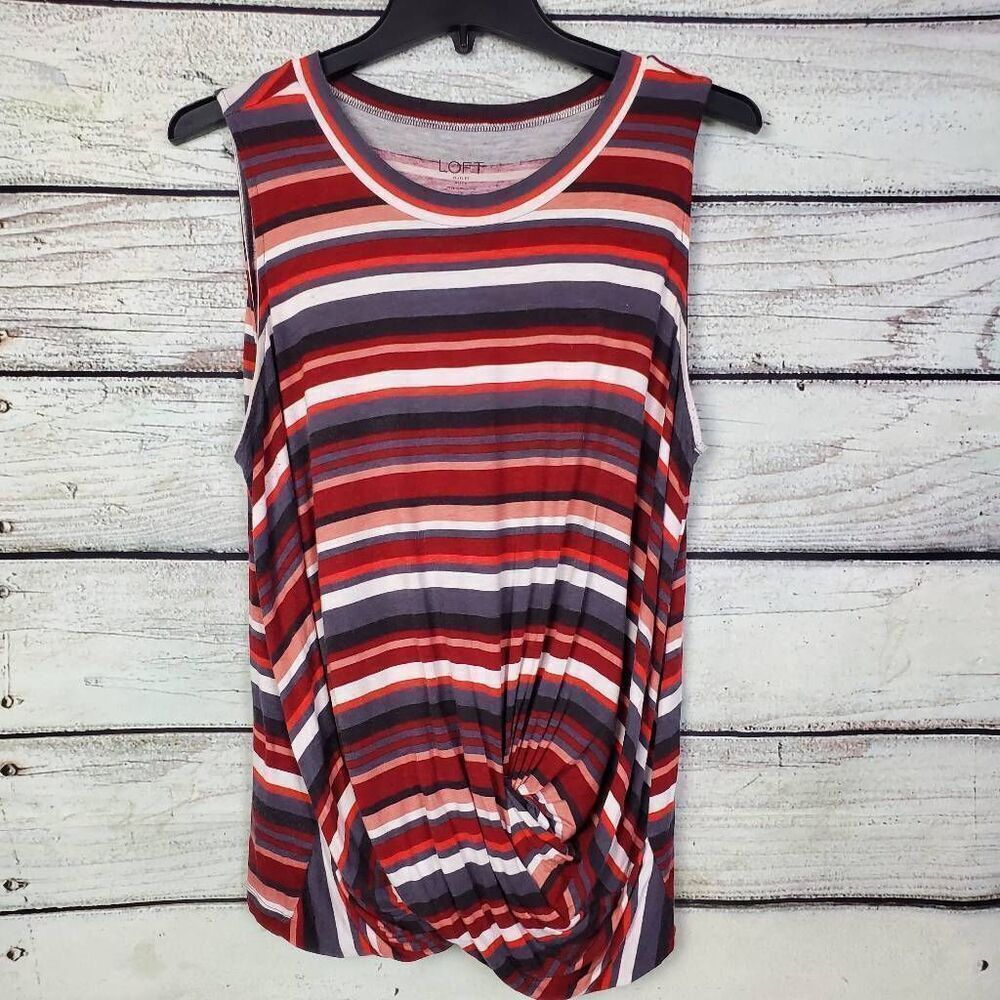LOFT Outlet Petite Women’s Tank Top Size LP Striped Twist Front Red Gray Sleevel